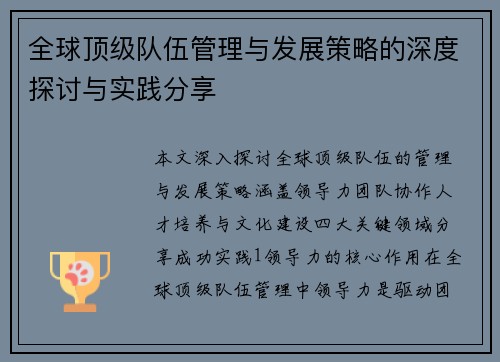 全球顶级队伍管理与发展策略的深度探讨与实践分享