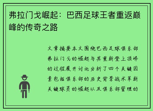 弗拉门戈崛起：巴西足球王者重返巅峰的传奇之路